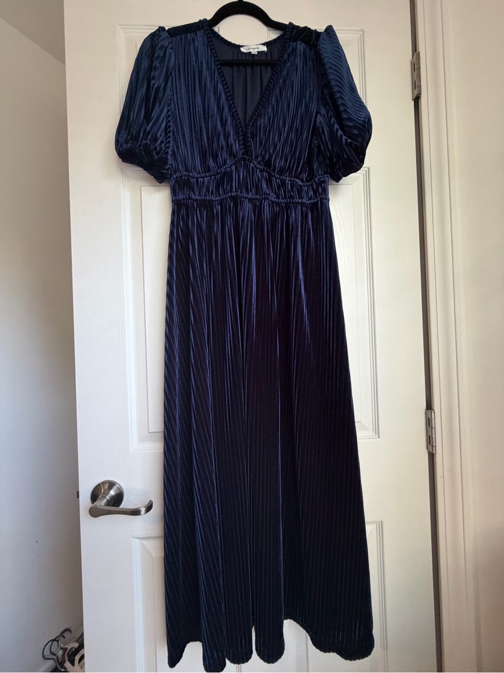 Navy Pleated Velvet Maxi Dress with Puff Sleeves